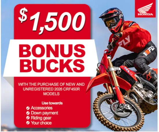 You are currently viewing Honda – $1,500 Bonus Bucks on CRF450R models